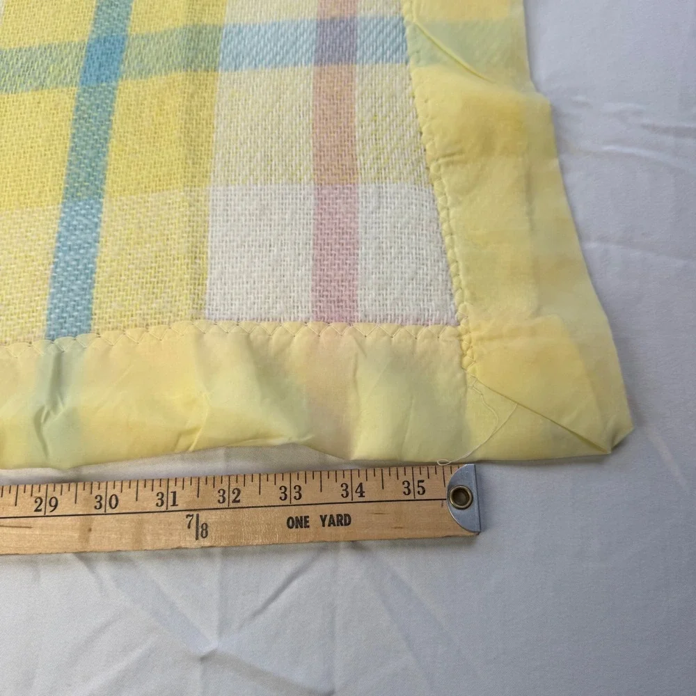 Vintage Pastel Plaid Baby Blanket Yellow Blue Pink Thermal Weave 36x48